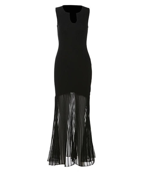 Elegant Black Sheer Pleated Maxi Dress - Perfect for Fall & Holiday Parties
