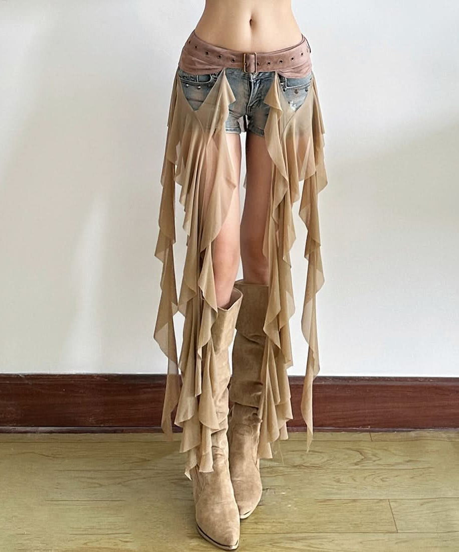 Edgy White Ruffle Mesh Overlay Belt Skirt | Gothic Rave Festival Accessory for Halloween