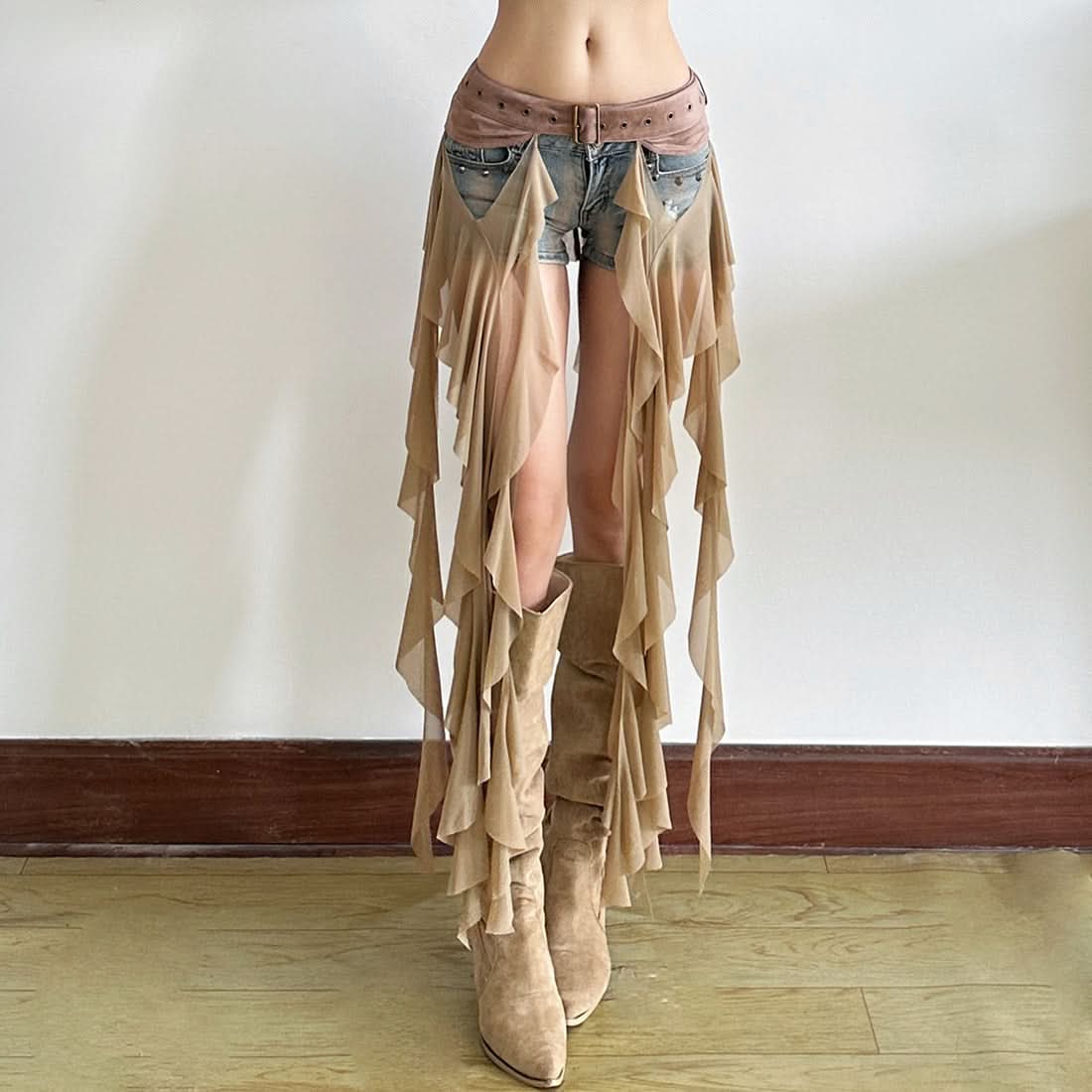 Edgy White Ruffle Mesh Overlay Belt Skirt | Gothic Rave Festival Accessory for Halloween