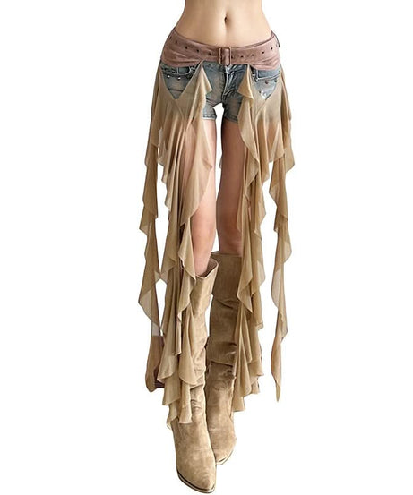 Edgy White Ruffle Mesh Overlay Belt Skirt | Gothic Rave Festival Accessory for Halloween