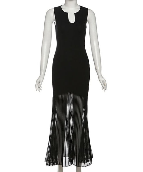 Elegant Black Sheer Pleated Maxi Dress - Perfect for Fall & Holiday Parties