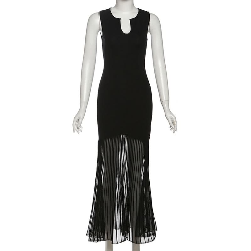 Elegant Black Sheer Pleated Maxi Dress - Perfect for Fall & Holiday Parties