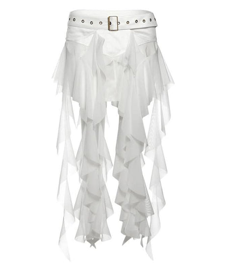 Edgy White Ruffle Mesh Overlay Belt Skirt | Gothic Rave Festival Accessory for Halloween
