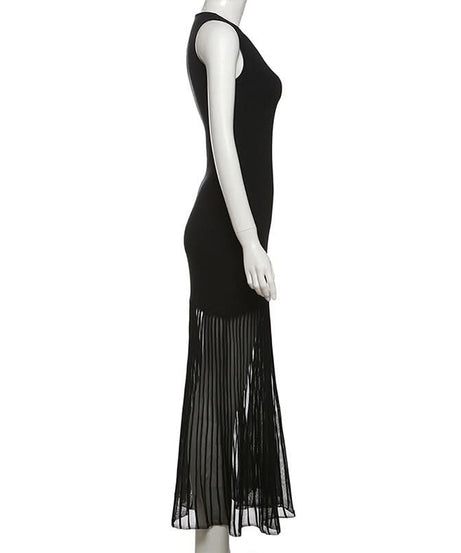 Elegant Black Sheer Pleated Maxi Dress - Perfect for Fall & Holiday Parties