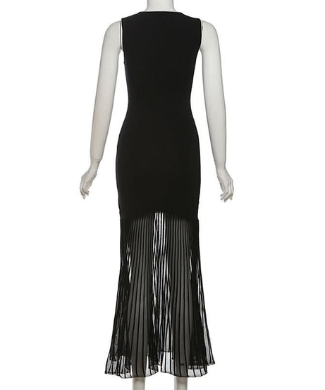 Elegant Black Sheer Pleated Maxi Dress - Perfect for Fall & Holiday Parties