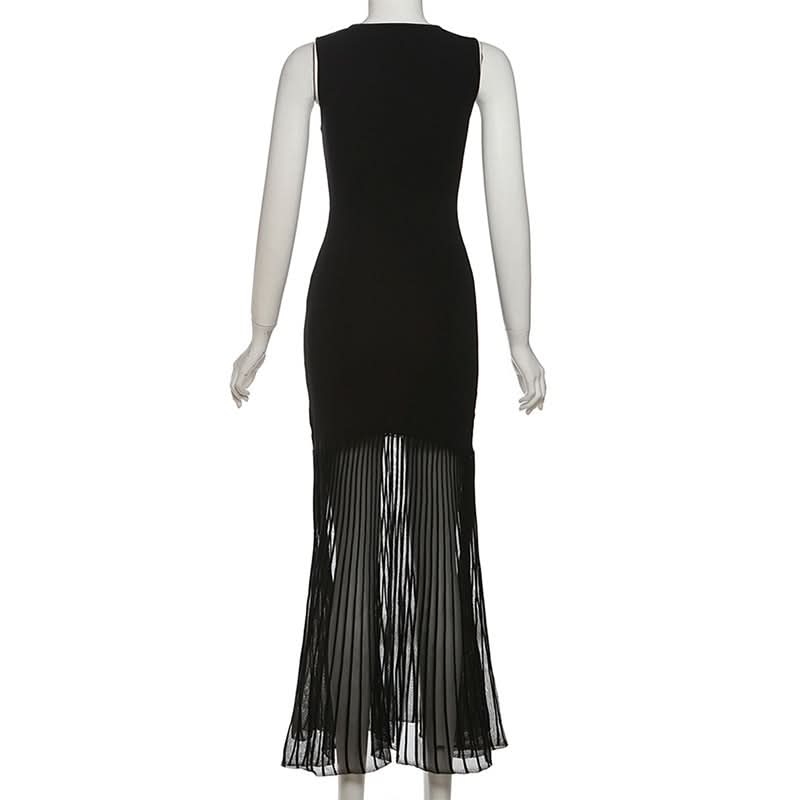 Elegant Black Sheer Pleated Maxi Dress - Perfect for Fall & Holiday Parties