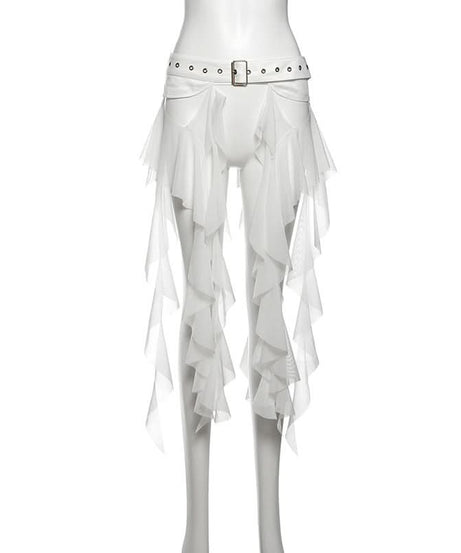 Edgy White Ruffle Mesh Overlay Belt Skirt | Gothic Rave Festival Accessory for Halloween