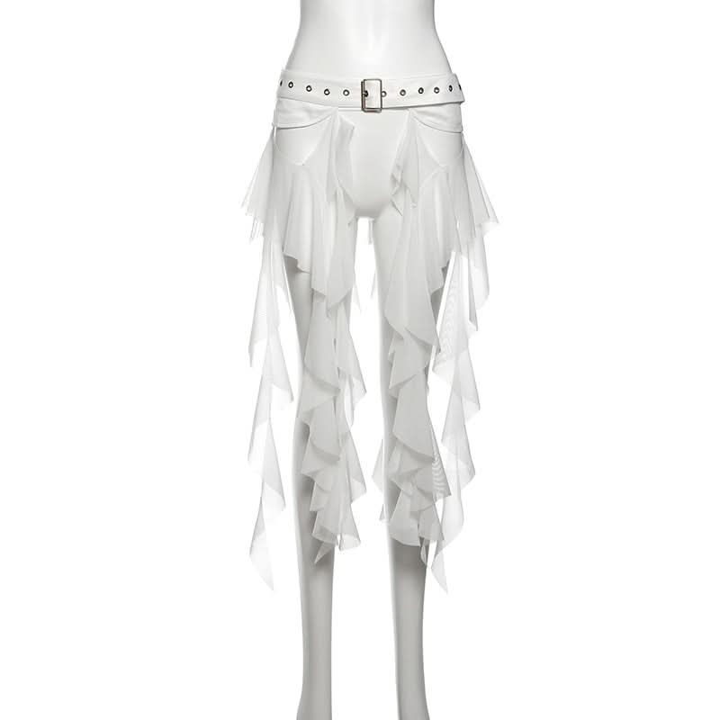 Edgy White Ruffle Mesh Overlay Belt Skirt | Gothic Rave Festival Accessory for Halloween