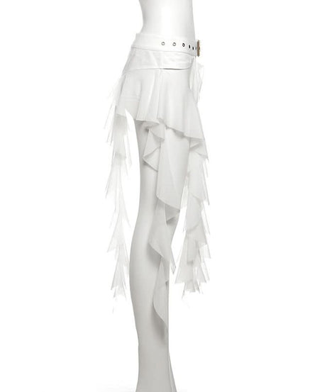 Edgy White Ruffle Mesh Overlay Belt Skirt | Gothic Rave Festival Accessory for Halloween