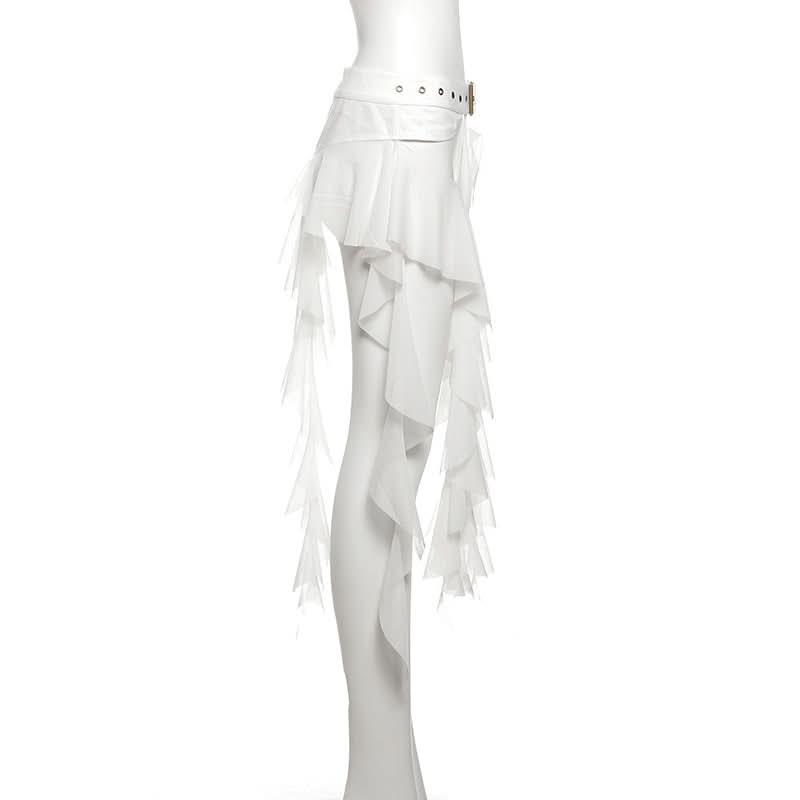 Edgy White Ruffle Mesh Overlay Belt Skirt | Gothic Rave Festival Accessory for Halloween