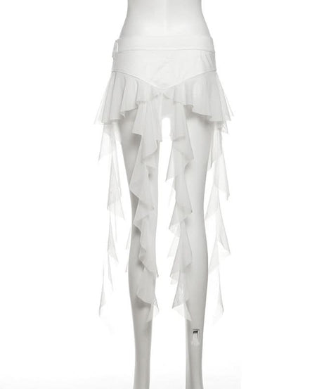 Edgy White Ruffle Mesh Overlay Belt Skirt | Gothic Rave Festival Accessory for Halloween