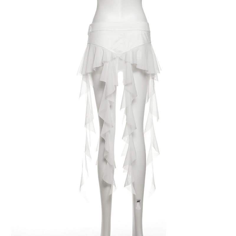 Edgy White Ruffle Mesh Overlay Belt Skirt | Gothic Rave Festival Accessory for Halloween