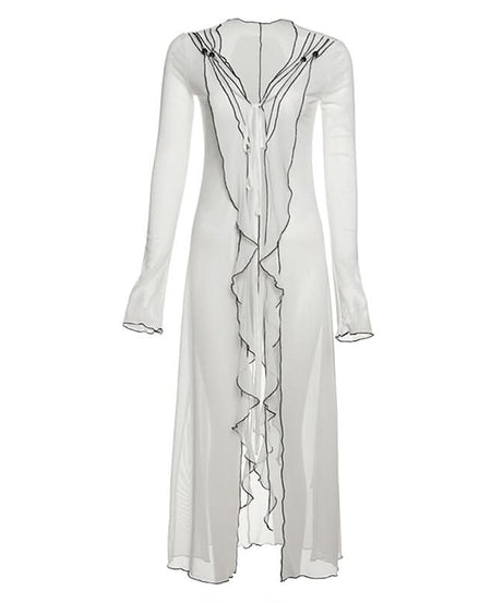 Unleash Your Edge: Sheer Mesh Ruffle Duster Cardigan - Perfect for Fall Nights & Halloween