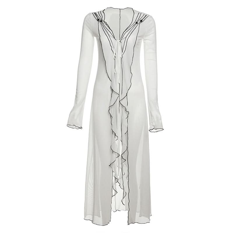Unleash Your Edge: Sheer Mesh Ruffle Duster Cardigan - Perfect for Fall Nights & Halloween