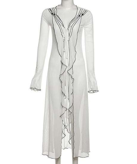 Unleash Your Edge: Sheer Mesh Ruffle Duster Cardigan - Perfect for Fall Nights & Halloween