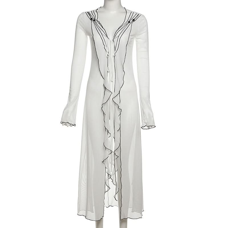 Unleash Your Edge: Sheer Mesh Ruffle Duster Cardigan - Perfect for Fall Nights & Halloween