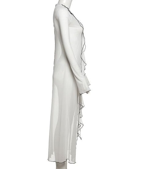 Unleash Your Edge: Sheer Mesh Ruffle Duster Cardigan - Perfect for Fall Nights & Halloween