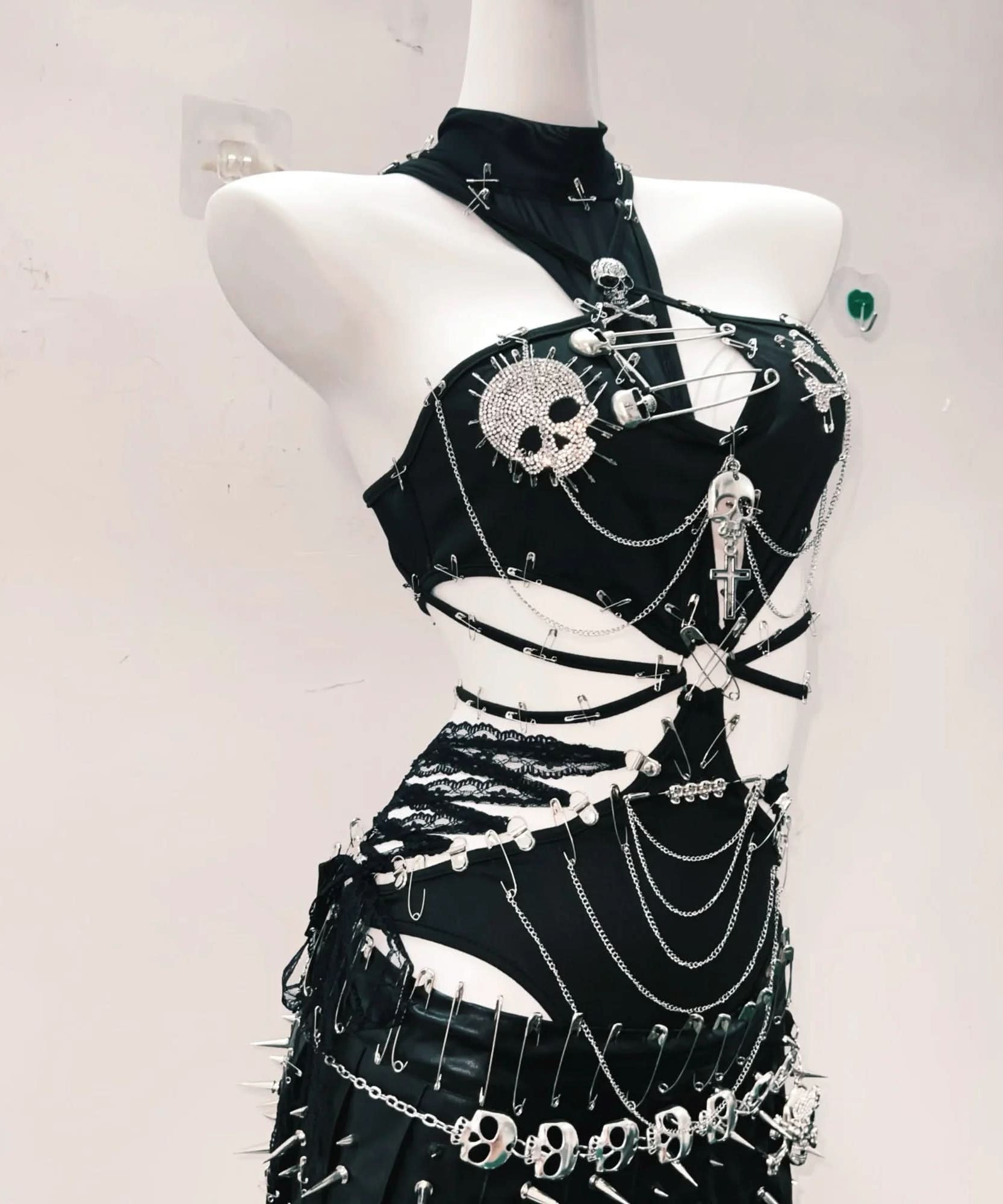 Fierce Gothic Skull & Chain Ribcage Halter Top & Mini Skirt Set - Spooky Season & Rave Ready