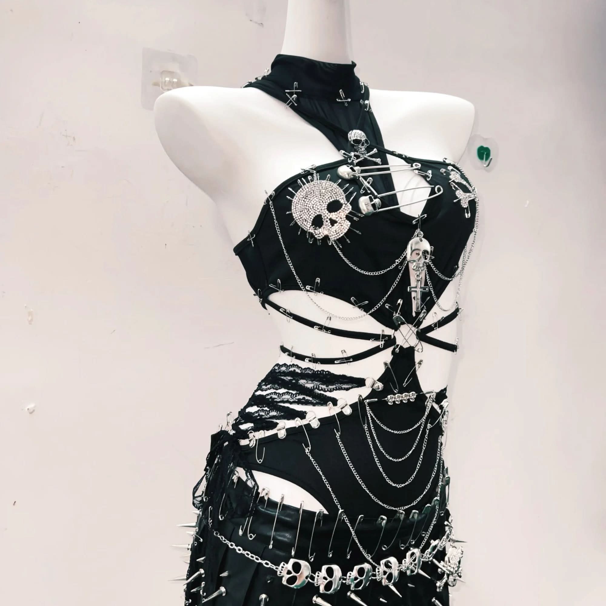 Fierce Gothic Skull & Chain Ribcage Halter Top & Mini Skirt Set - Spooky Season & Rave Ready