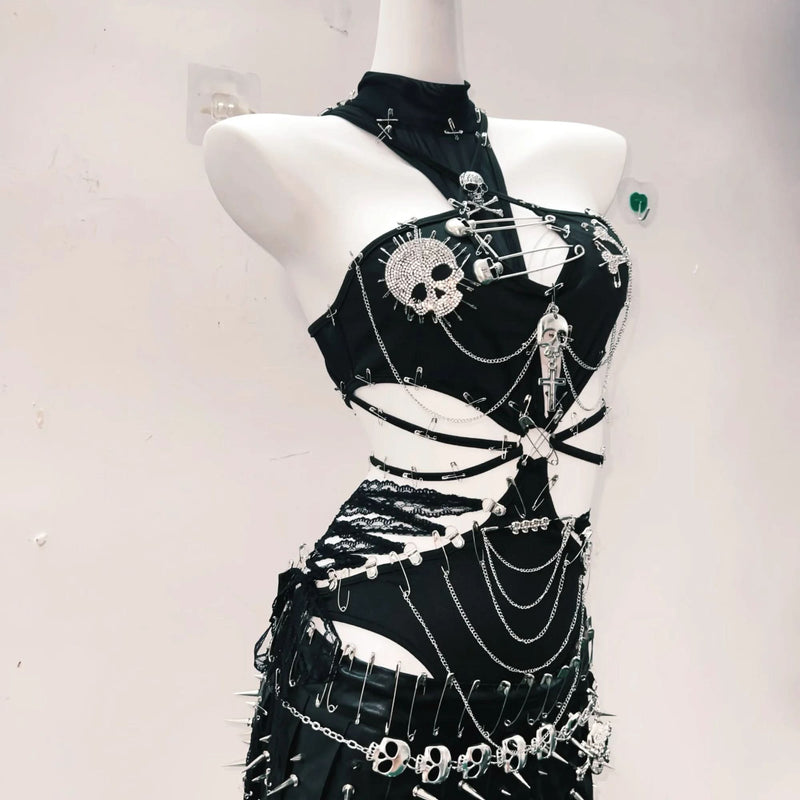 Fierce Gothic Skull & Chain Ribcage Halter Top & Mini Skirt Set - Spooky Season & Rave Ready