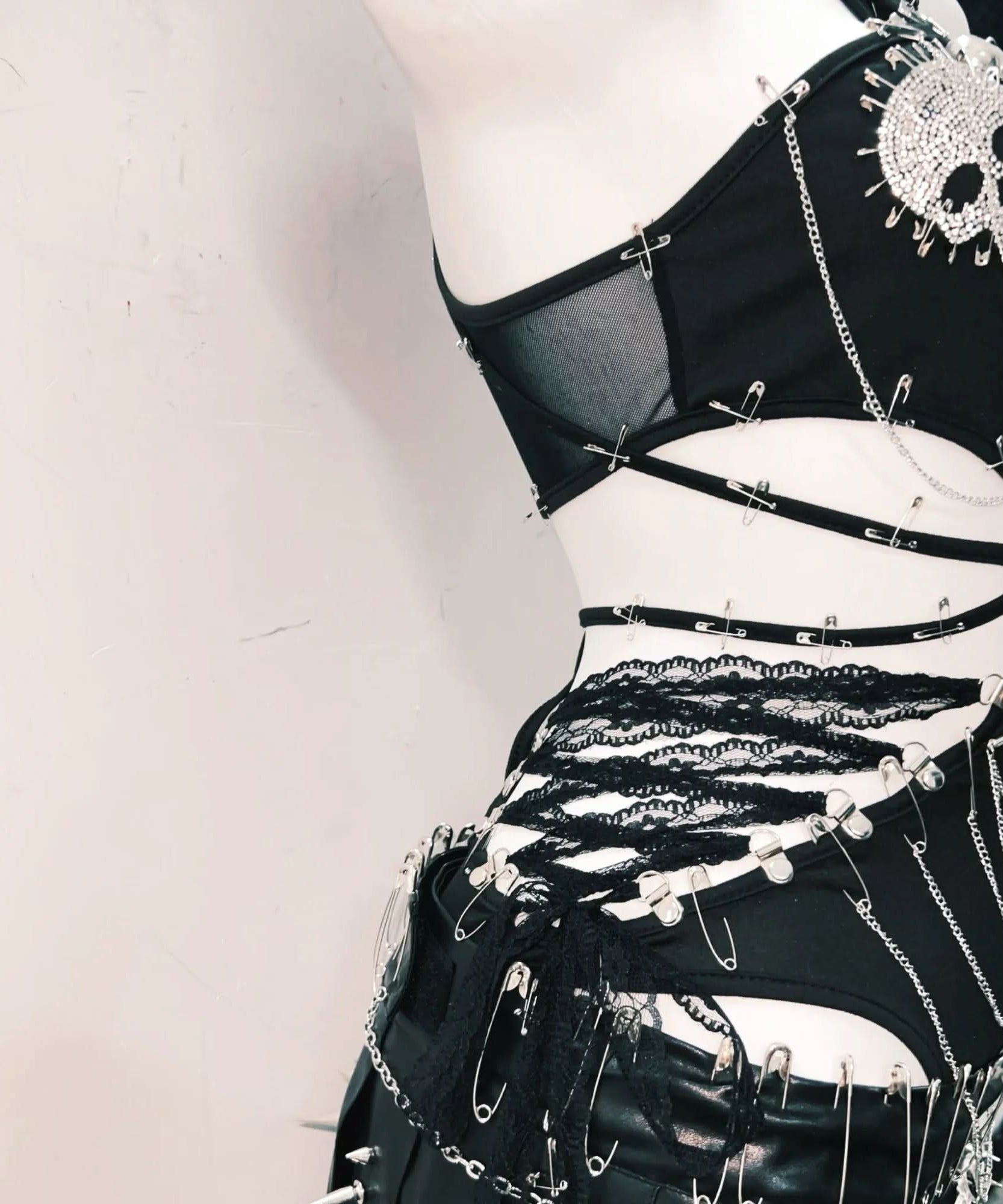 Fierce Gothic Skull & Chain Ribcage Halter Top & Mini Skirt Set - Spooky Season & Rave Ready