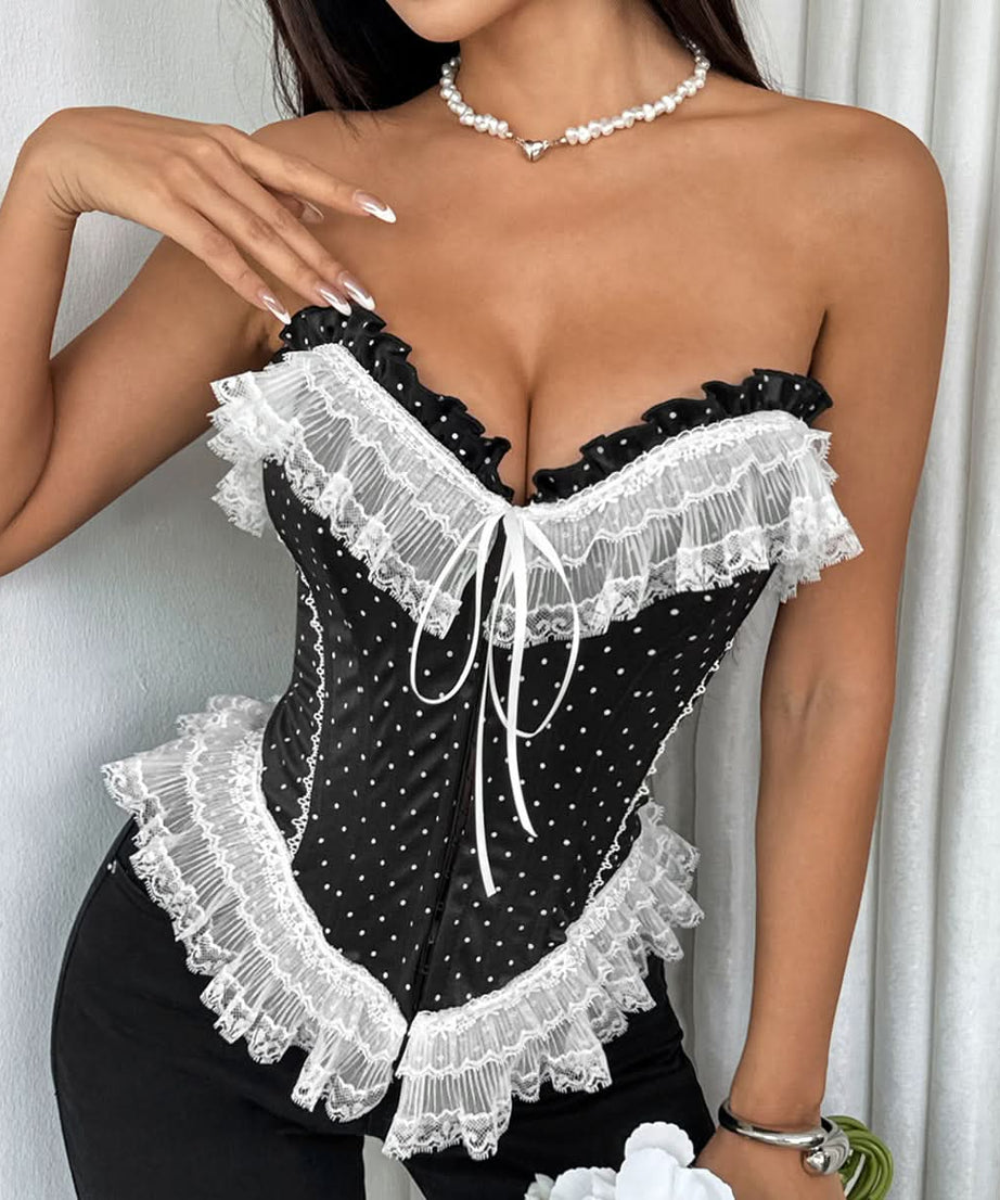 Chic Polka Dot Ruffle Sweetheart Corset Top - Fall Fashion & Holiday Party Ready