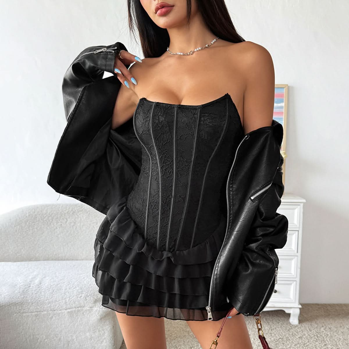 Sultry Black Lace Corset Ruffle Mini Dress – Fall Nights & Halloween Ready!