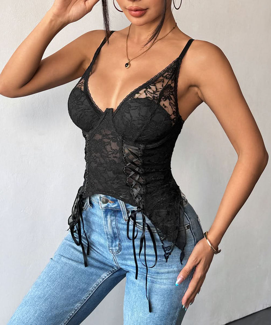 Sultry Black Lace Bustier Cami Top - Adjustable & Fall/Holiday Party Ready