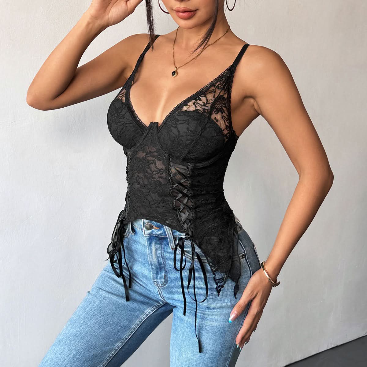 Sultry Black Lace Bustier Cami Top - Adjustable & Fall/Holiday Party Ready