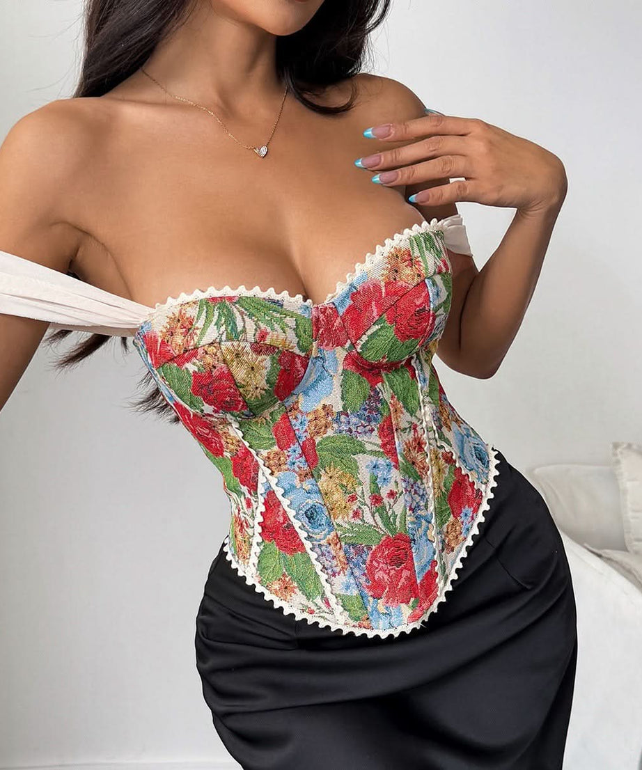 Chic Fall Floral Tapestry Bustier Top | Romantic Off-Shoulder Corset