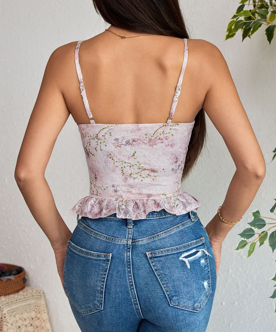 Enchanting Floral Lace-Up Corset Cami Top | Romantic Ruffles for Fall Style