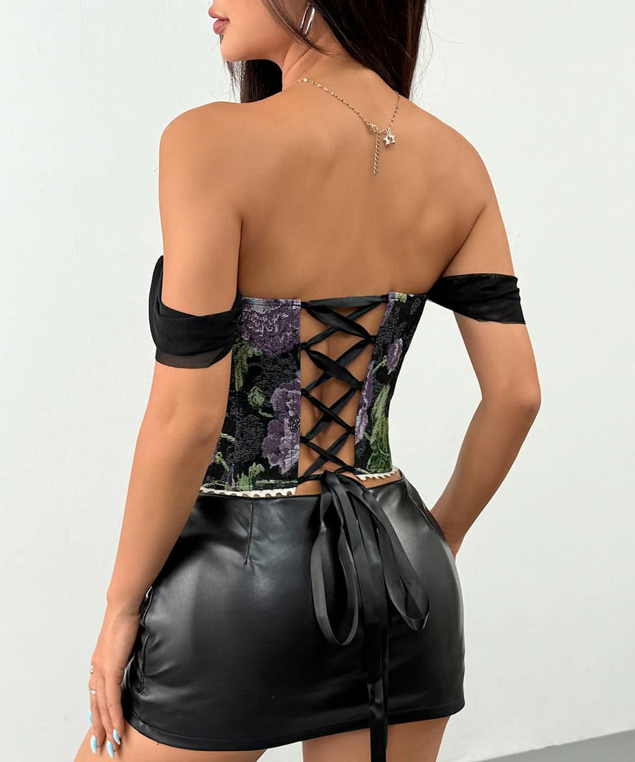 Chic Fall Floral Tapestry Bustier Top | Romantic Off-Shoulder Corset