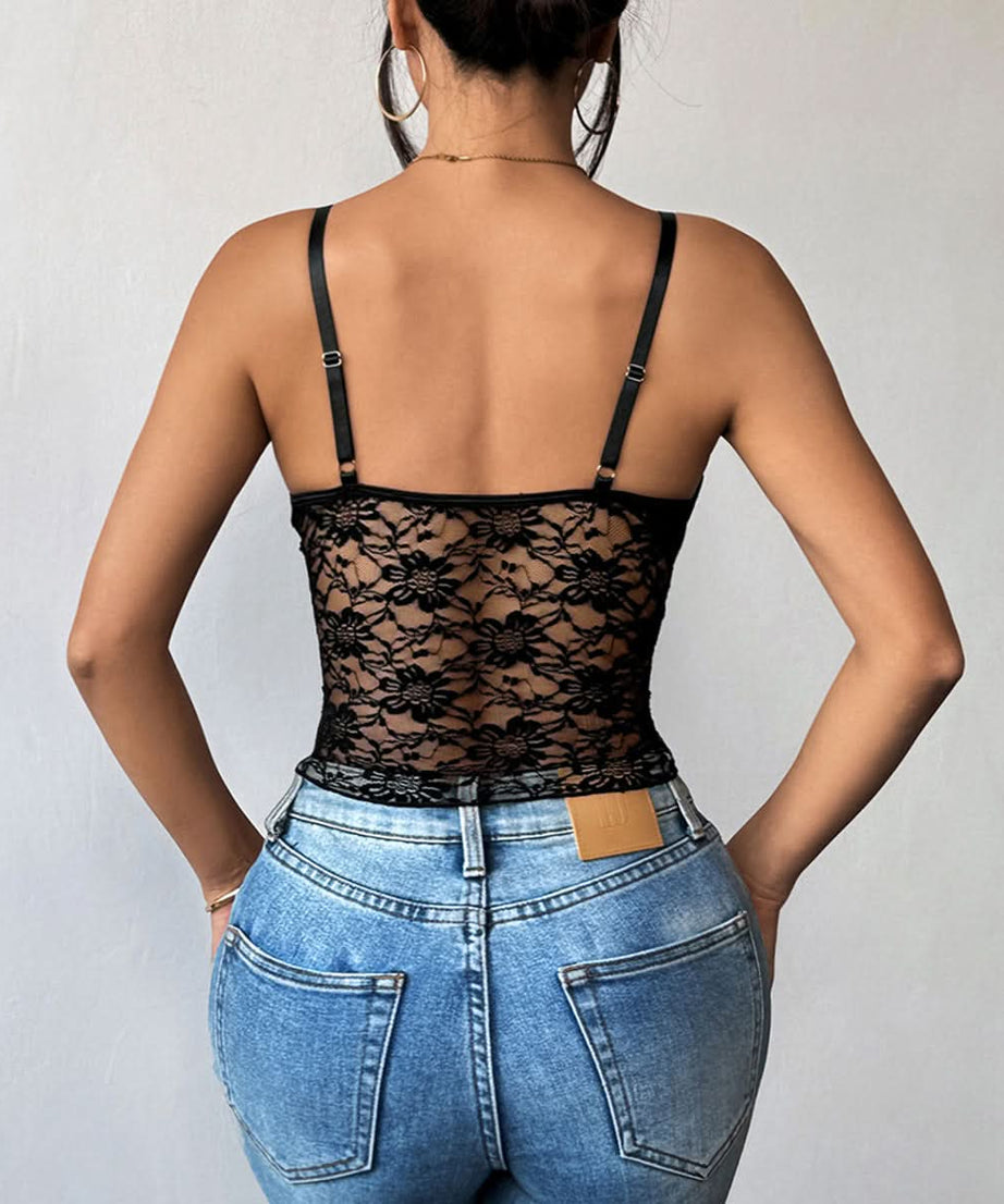 Sultry Black Lace Bustier Cami Top - Adjustable & Fall/Holiday Party Ready