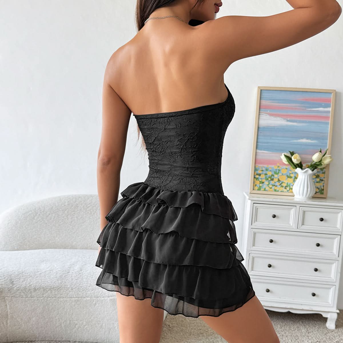 Sultry Black Lace Corset Ruffle Mini Dress – Fall Nights & Halloween Ready!