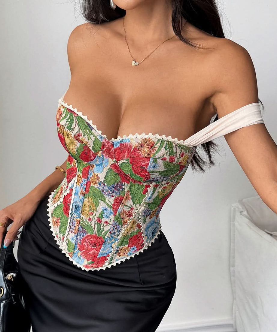 Chic Fall Floral Tapestry Bustier Top | Romantic Off-Shoulder Corset