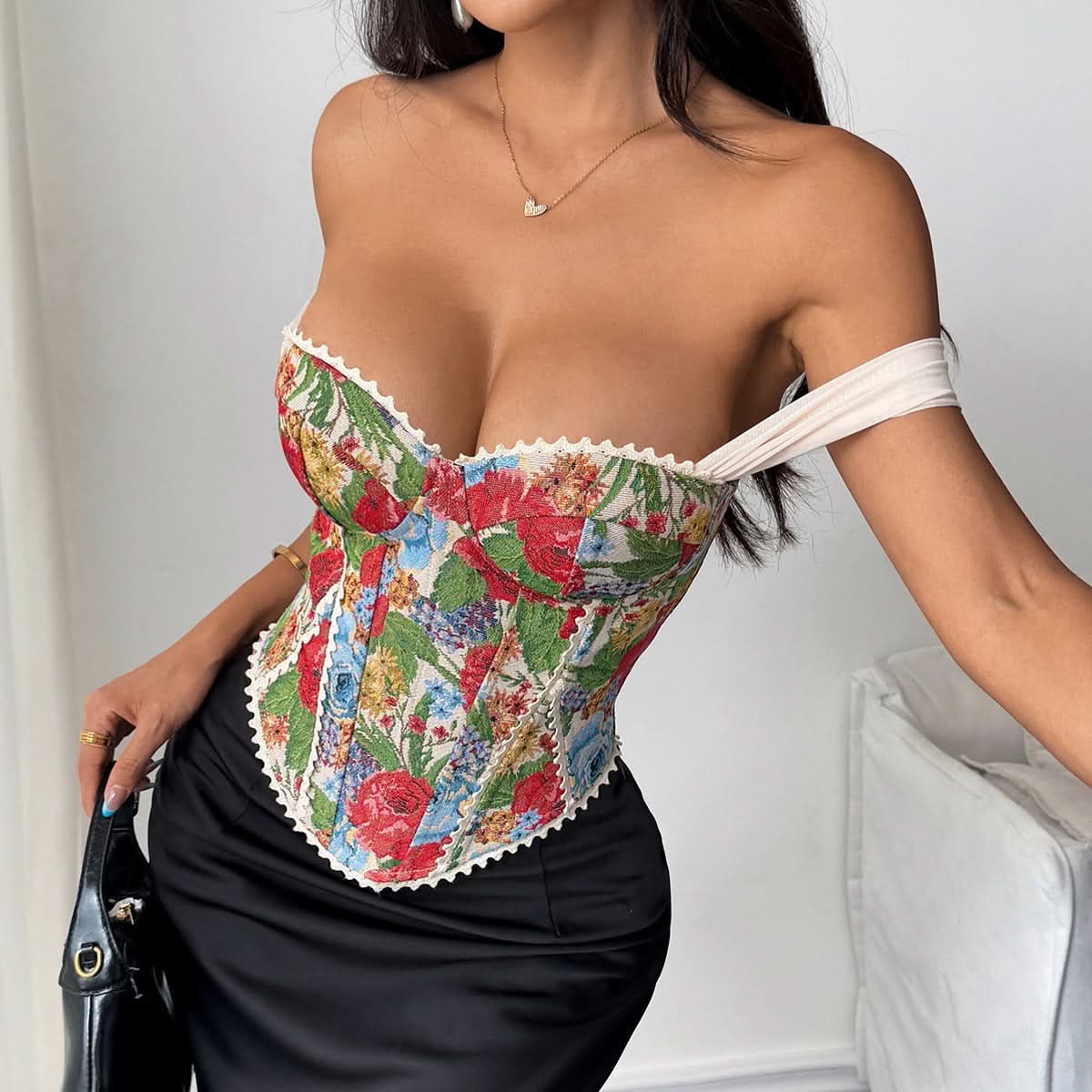 Chic Fall Floral Tapestry Bustier Top | Romantic Off-Shoulder Corset