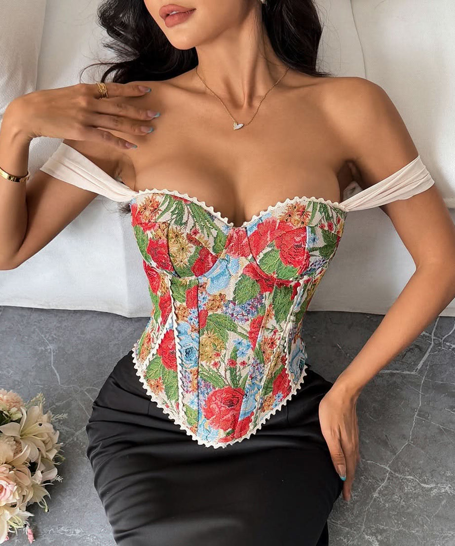 Chic Fall Floral Tapestry Bustier Top | Romantic Off-Shoulder Corset