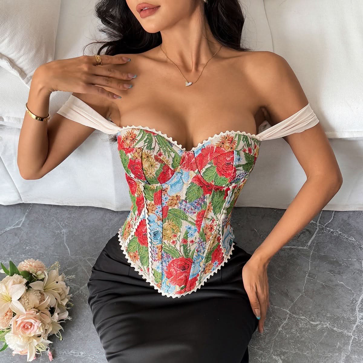 Chic Fall Floral Tapestry Bustier Top | Romantic Off-Shoulder Corset