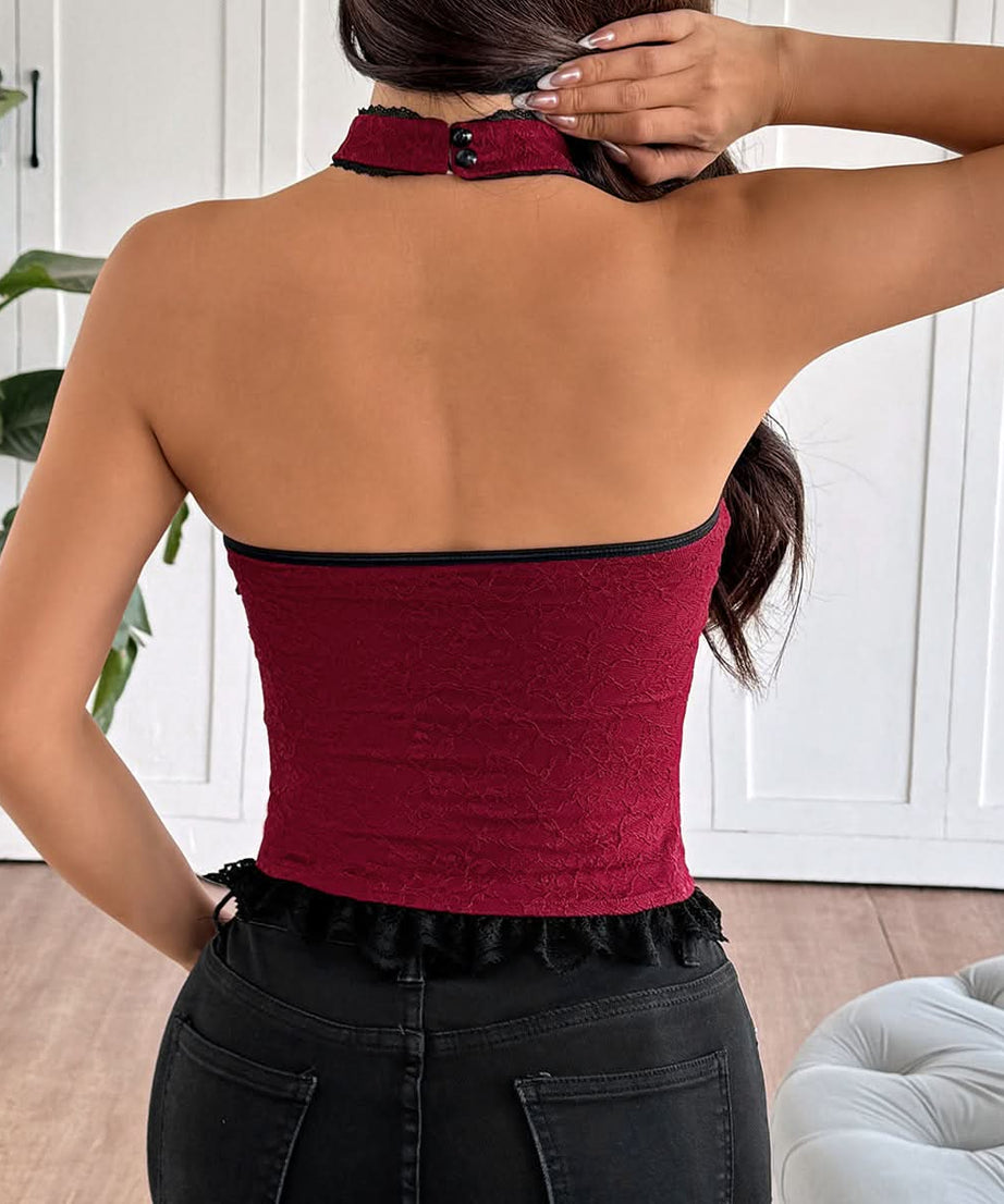 Vampy Chic Crimson Lace Halter Corset Top - Fall Parties & Halloween Ready