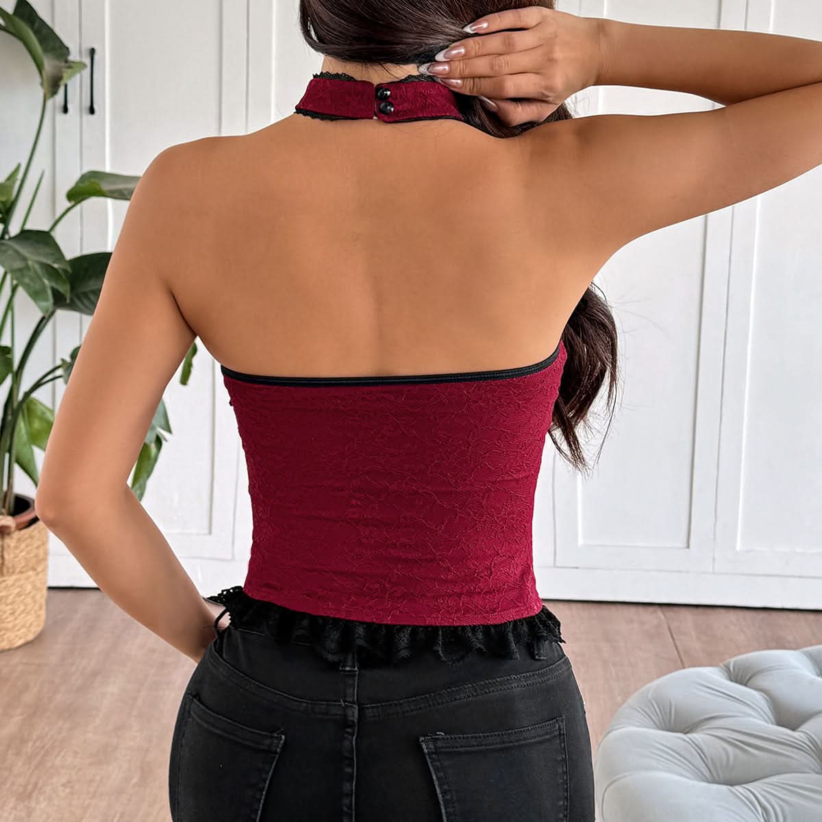 Vampy Chic Crimson Lace Halter Corset Top - Fall Parties & Halloween Ready