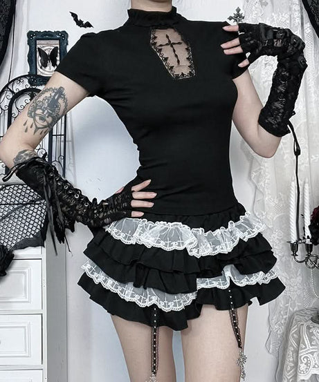 Gothic Romance Ruffle Mini Skirt with Contrast Lace – Perfect for Spooky Season & Alt Style