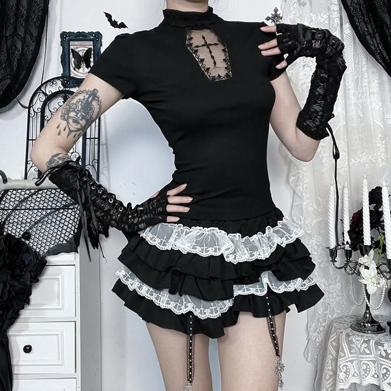 Gothic Romance Ruffle Mini Skirt with Contrast Lace – Perfect for Spooky Season & Alt Style