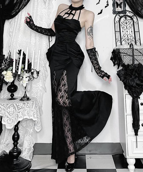 The Midnight Siren: Gothic Halter Lace Slit Maxi Dress for Enchanting Halloween & Fall Evenings