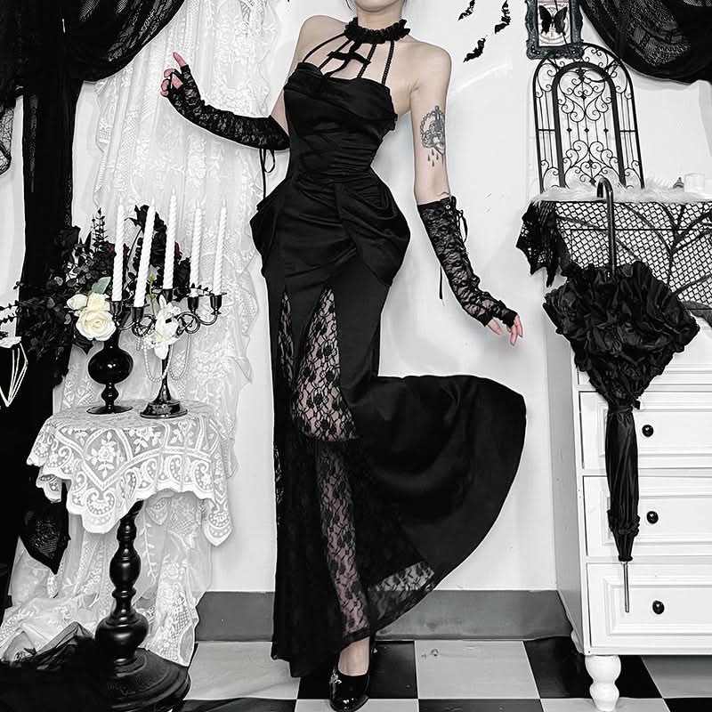 The Midnight Siren: Gothic Halter Lace Slit Maxi Dress for Enchanting Halloween & Fall Evenings