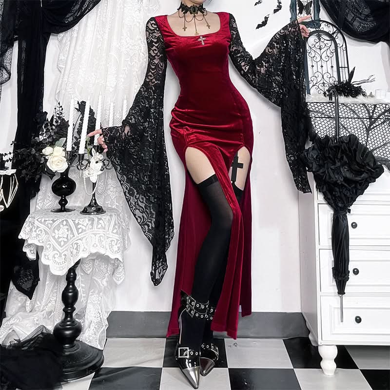 Gothic Vampire Velvet Slit Gown with Dramatic Lace Bell Sleeves | Perfect for Halloween & Fall