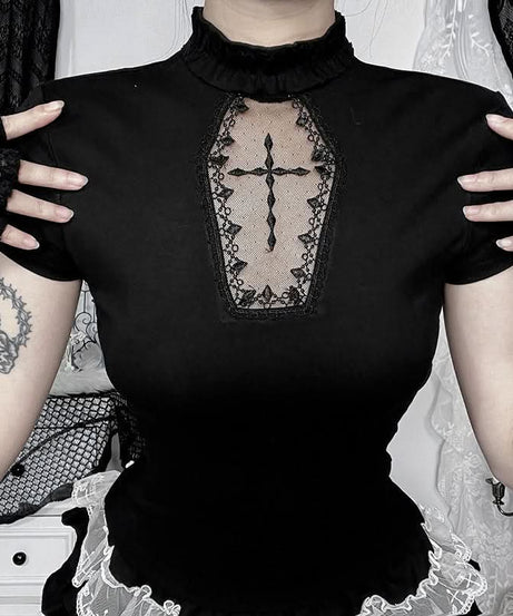 Spooky Chic Gothic Coffin Lace High Neck Top - Halloween & Fall Ready
