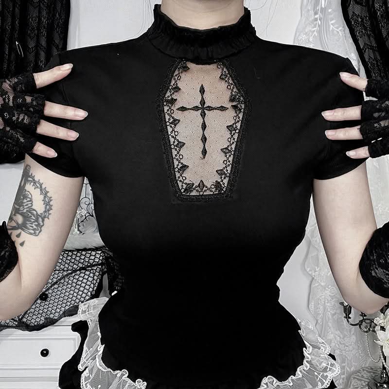 Spooky Chic Gothic Coffin Lace High Neck Top - Halloween & Fall Ready