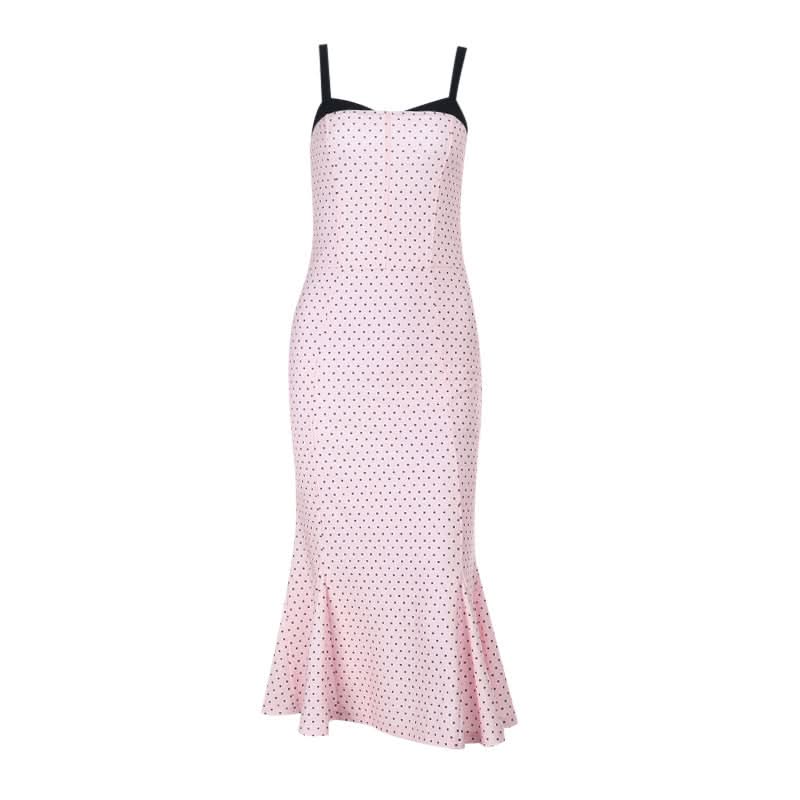 Effortless Fall Chic: Pink Polka Dot Cami Midi Dress with Flattering Mermaid Hem