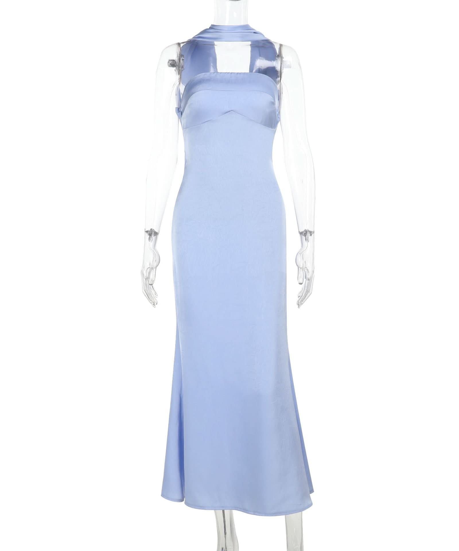 Elegant Sky Blue Satin Halter Maxi Dress - Perfect for Fall & Holiday Galas