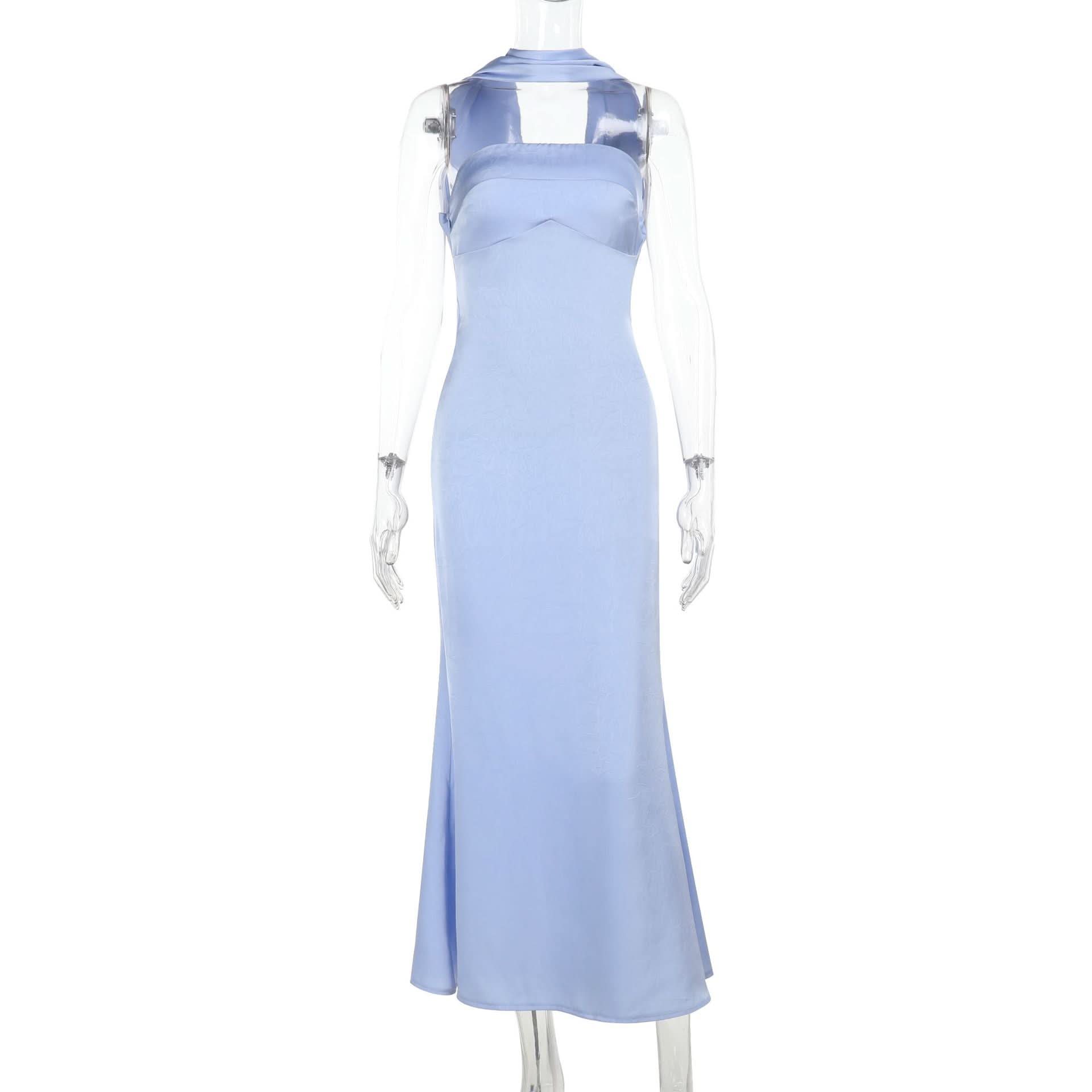 Elegant Sky Blue Satin Halter Maxi Dress - Perfect for Fall & Holiday Galas